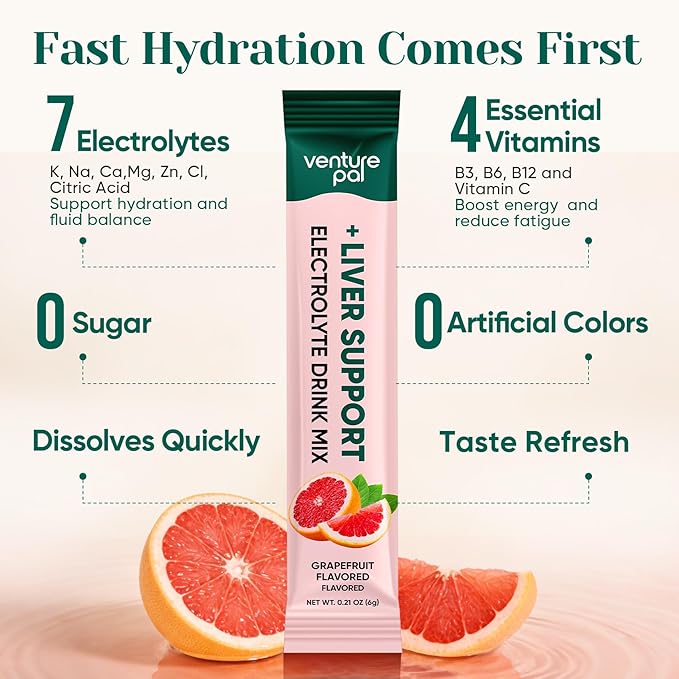 Venture Pal Hydration Packets + Liver Support- Liquid Daily IV Electrolyte Powder Packets with 7 Electrolytes & 5 Vitamins, Milk Thistle + L-Theanine | Sugar-Free | Keto Friendly | Vegan, 16 Sticks