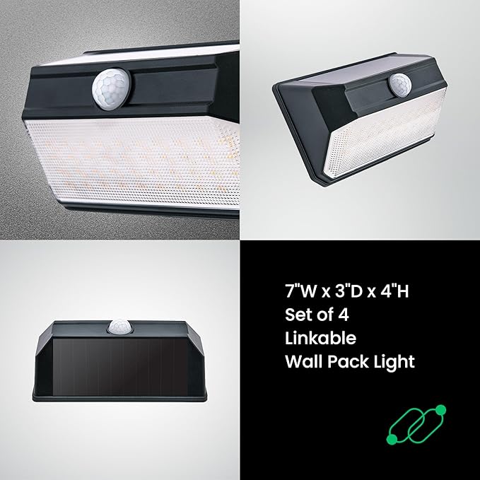 Home Zone Mesh Linkable Series 4-Pack Solar SMD LED Security Wall Pack Light, 800LM, Auto-Linking, 120°x26 ft Motion Detection, 3000L Warm White, 800 Lumens, Customizable 4-Channel Settings, Black