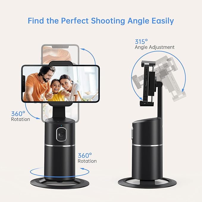 camrola Auto Face Tracking Phone Holder, No App Required, 360° Rotation Face Body Phone Tracking Tripod Smart Shooting Camera Mount for Live Vlog Streaming Video, Rechargeable Battery-Black