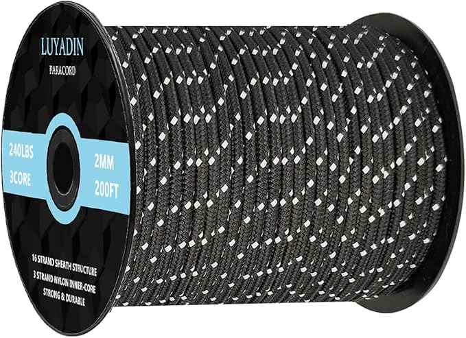 Reflective Paracord 240lb - Diameter 2mm Micro Utility Cord -3 Strand Parachute Spool Cord - 100ft 200ft,Paracord for Camping,Hiking,Fishing,Outdoor and DIY