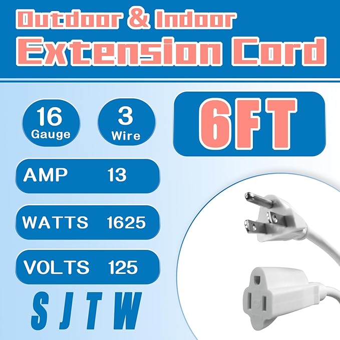 Indoor Outdoor Extension Cord 6 FT, 16/3 SJTW Weatherproof Grey Electrical Cords, 13 AMP Heavy Duty 3 Prong Power Cable Great for Garden, Landscaping & Holiday Decorations, 2 Pack