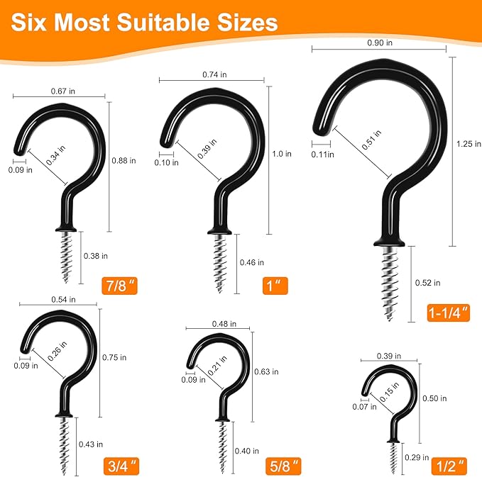 100 PCS Screw in Cup Hooks,6 Size Vinyl Coated Screw Hooks,Multipurpose Ceiling Hook Wind Chimes Kitchen Cup Hook for Hanging Indoor & Outdoor Use(Black)