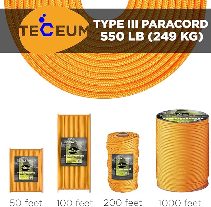 TECEUM Reflective Paracord Rope 1000 – 1000ft/200ft/100ft/50ft – 40+ Colors – Glow in The Dark – para Cord – Utility Rope for Survival, Hunting & Camping Gear – Nylon String, Camping Rope, Tent Cord