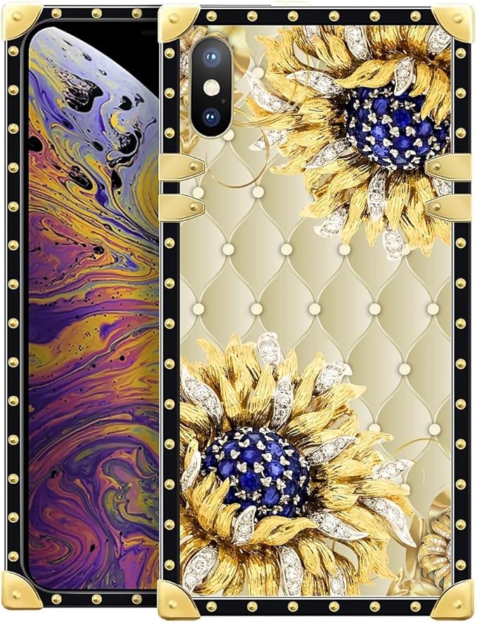Compatible with iPhone XR Case, Sunflower Diamonds Leather Luxury Golden Decoration for Girl Women Soft TPU Shockproof Protective Hard PC Back for iPhone XR