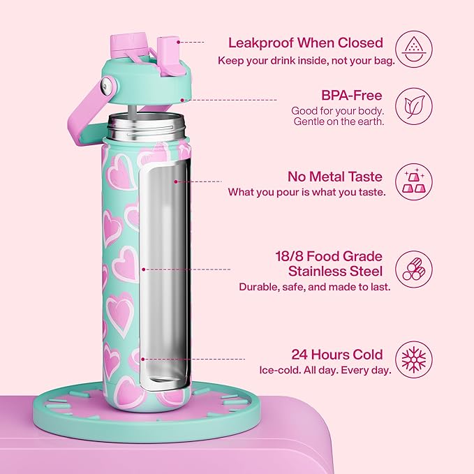 ENCOOL Valentine's Day Insulated Water Bottle with Straw Stainless Steel Water Bottle, Leak-Proof, BPA-Free, Keeps Cold for 24 Hours for Sports, Travel, School (26 oz, Sketch Hearts Violet x Mint)
