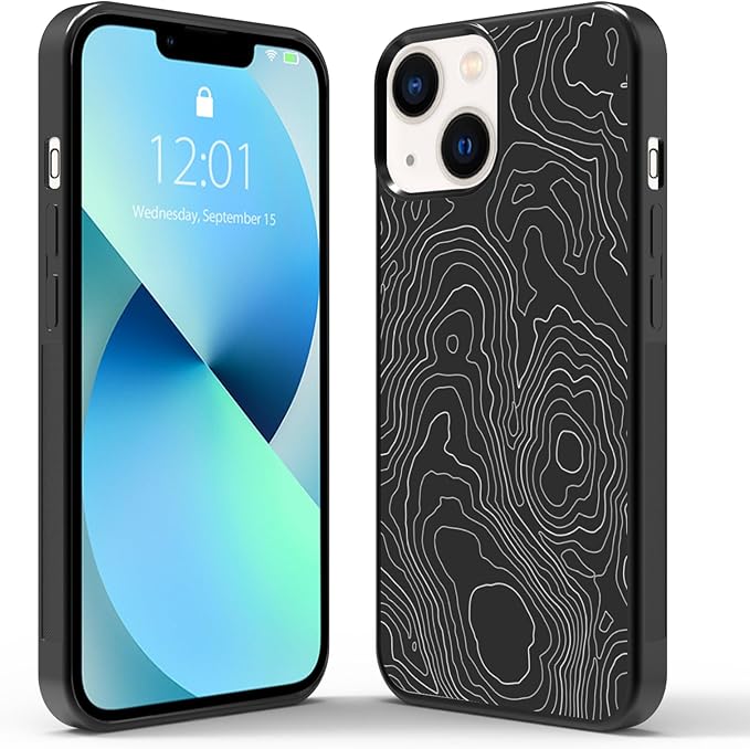 Aesthetic Topographic Map Phone Case Compatible with iPhone XR 11 12 13 14 15 16 Pro Pro Max Case, Black Abstract Line Pattern Design Shockproof TPU Phone Case Cover with Wireless Charging Support