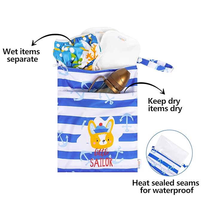 ALVABABY 2pcs Waterproof Wet Dry Bags,Reusable with Two Zippered Pockets,Baby Cloth Diaper,Travel,Beach,Pool,Daycare,Soiled Baby Items,Yoga Gym Bag,Swimsuits or Wet Clothes LW-SWDBS9394