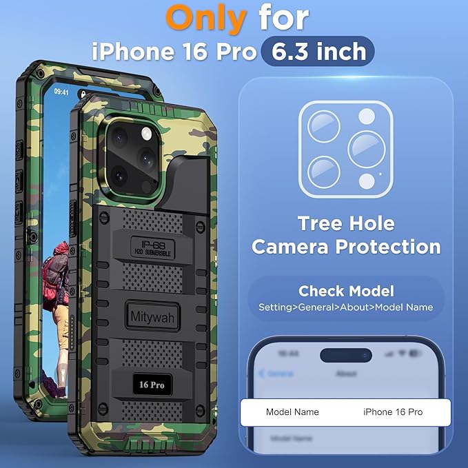 Mitywah Waterproof Case for iPhone 16 Pro, Shockproof Heavy Duty Case with Built-in Screen Protector, Underwater Full Body Protective Metal Case 6.3 inch, Camouflage