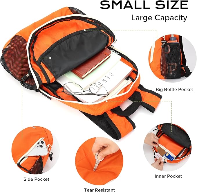 VPBAGE 15L Water-resistant Hiking Daypack, Small Backpack Travel Outdoor, Lightweight Day Pack with Tool Loops