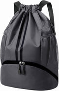Hoedia Sports Drawstring Backpack - String Swim Gym Bag with Shoes Compartment and Wet Proof Pocket for Women and Men, Dark Grey