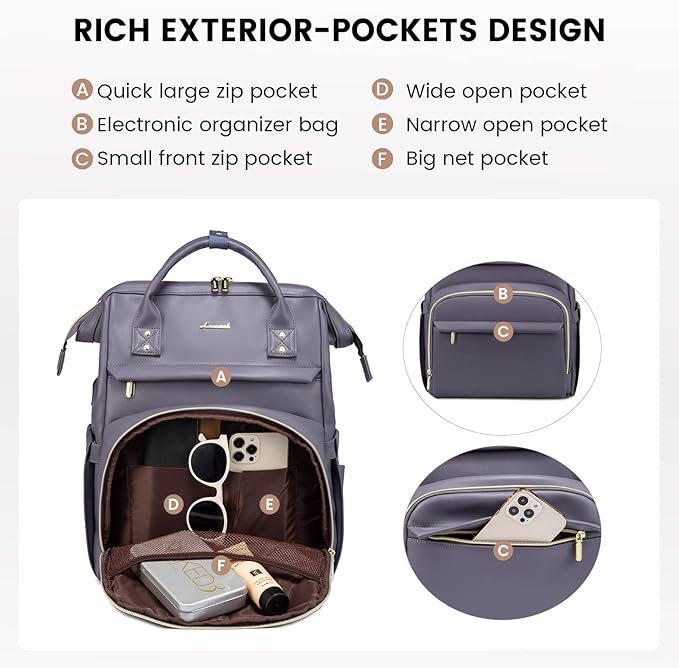 LOVEVOOK Leather Laptop Backpack for Women 17 inch,Travel Backpack Purse Nurse Teacher Backpack Computer Laptop Bag,Professional College Business Work Bags Carry On Backpack with USB Port,Grey Purple