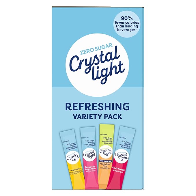 Crystal Light Refreshing Drink Mix Variety Pack, 44 Packets, for Convenient Hydration, Lemonade, Raspberry Lemonade, Peach Iced Tea, Fruit Punch, Natural and Artificial Flavor, Zero Sugar, 4.18 oz