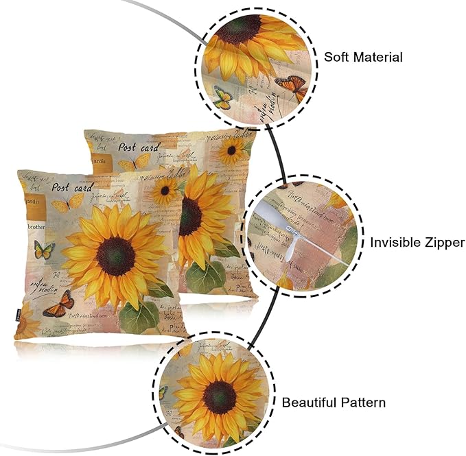 Swono Sunflower Set of 2 Decorative Throw Pillow Covers Cushion Case, Vintage Sunflowers Butterflies Farmhouse Pillowcase Cozy Pillow Cover for Couch Sofa Bed Garden Chair Car 18 X 18 Inch