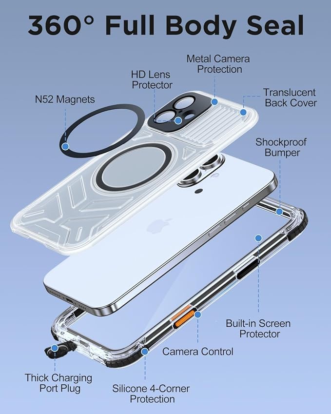 for iPhone 16 Waterproof Case with Magsafe, Built-in [Camera & Screen Protector] [Lanyard], IP68 Water Proof Full Body Dustproof Heavy Duty Frosted Protective Phone Cover, 6.1" Black