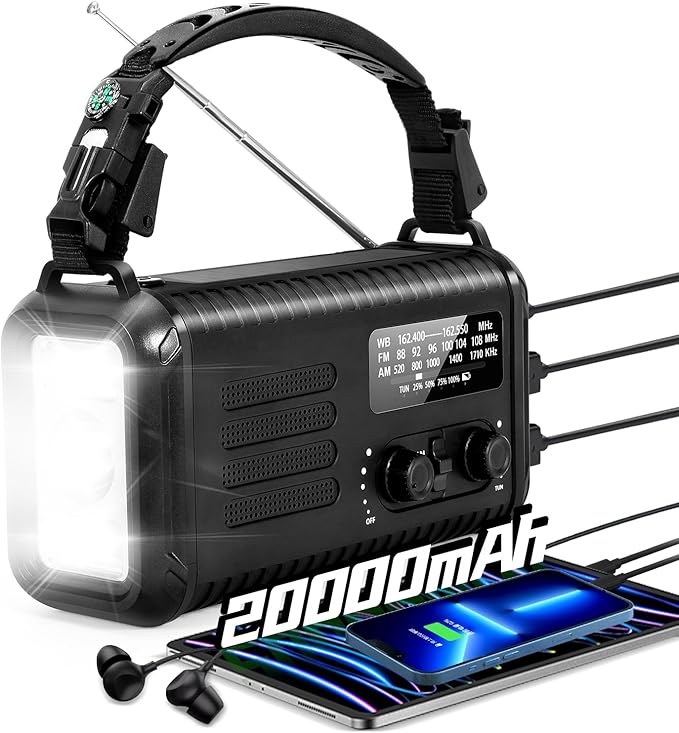 20000mAh Emergency Crank Radio, NOAA/AM/FM Portable Weather Radio, Solar Hand Crank Radio, Battery Powered with USB Phone Charger, Flashlight Reading Lamp & SOS for Survival Camping (Black)