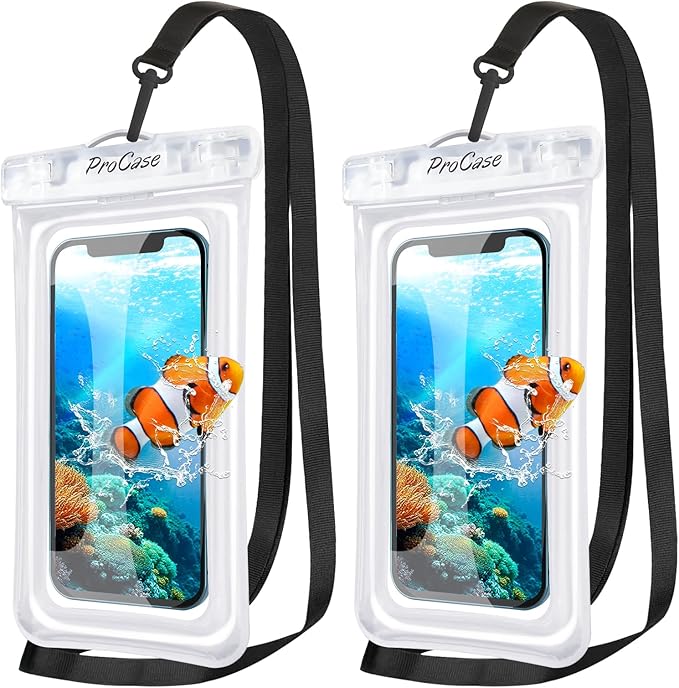 ProCase 2 Pack Floating Waterproof Phone Pouch IPX8, Universal Dry Bag Fits iPhone 17/16/15/14/13 Series, Galaxy S24/S23/S22, Pixel 8/7 (Up to 7”), Touchscreen, Underwater & Snow Protection -Clear