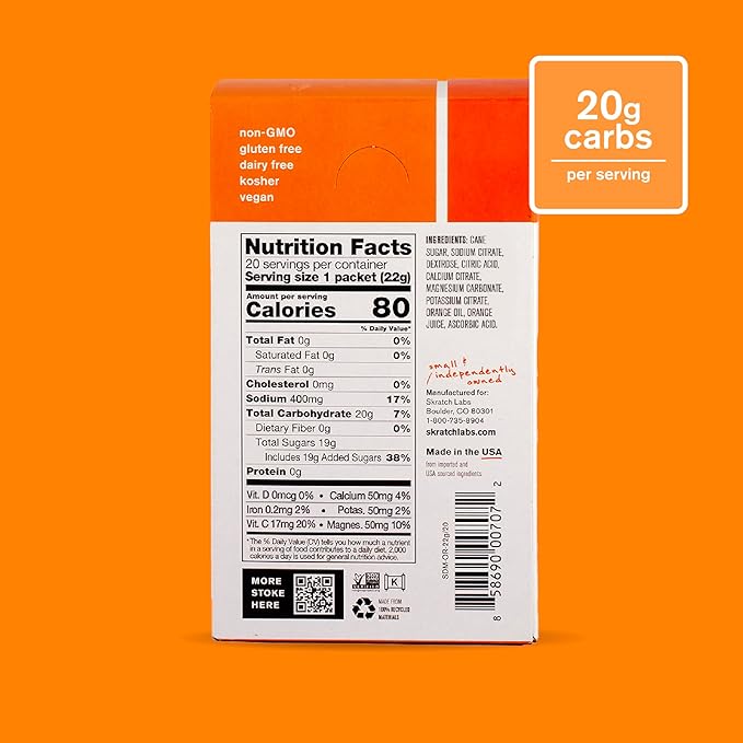 Skratch Labs Hydration Sports Drink Mix Packets – Real‑Fruit Electrolyte Powder for Fast Hydration & Endurance | Orange | 20 Pack | Vegan, Non‑GMO, Clean Ingredients