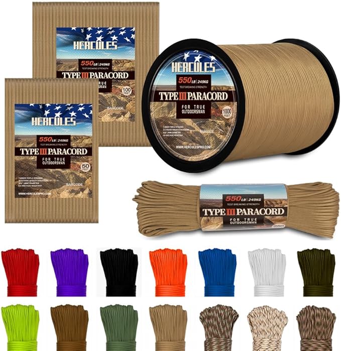 HERCULES Type III Paracord 550 Paracord Rope Parachute Cord, 100' Desert Tan for Camping Cord, Survival Rope