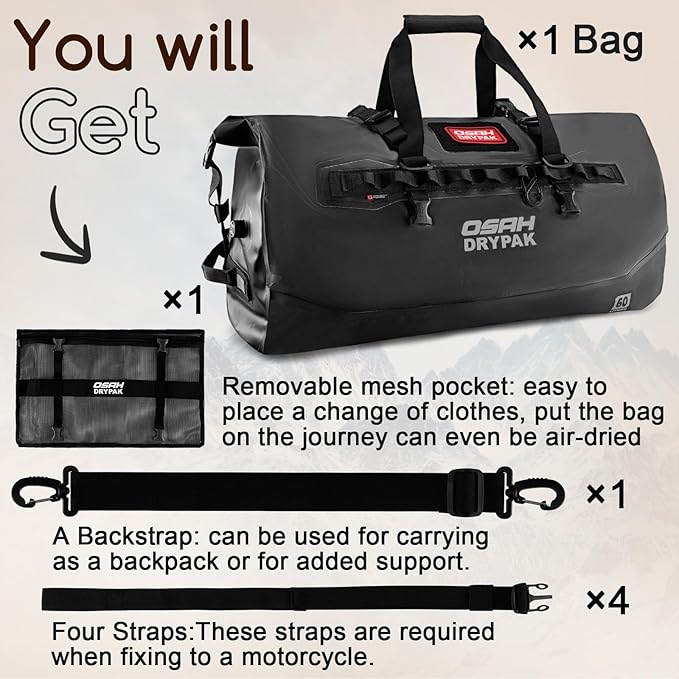 OSAH DRYPAK Waterproof Duffel Bag 25L/40L/60L – Heavy-Duty Motorcycle Tail Bag, Roll-Top Dry Bag for Travel, Camping, Boating, Kayaking, Outdoor Adventure