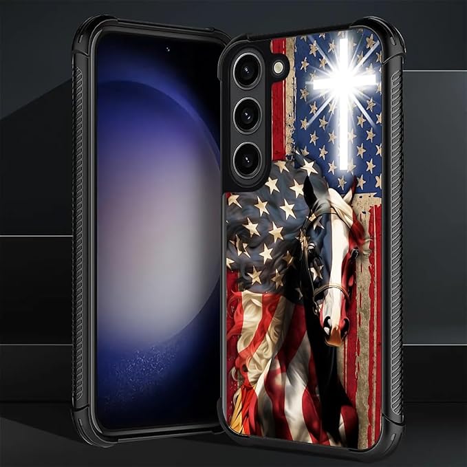 for Samsung Galaxy S23 Case, Red American Flag Horse Cross Pattern Graphic Design Girl Boy Soft Silicone Hard Acrylic Shock Protection for Samsung Galaxy S23