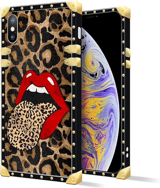 Compatible with iPhone Xs Max Case, Brown Leopard Print Mouth Luxury Golden Decoration for Girl Women Soft TPU Shockproof Protective Hard PC Back for iPhone Xs Max
