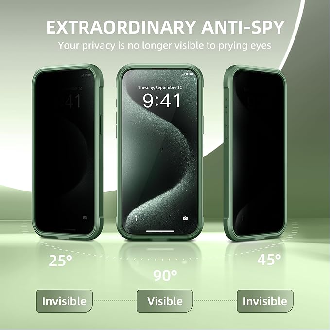 TIESZEN for iPhone 15 Pro Case, Compatible with MagSafe, Built-in Privacy Screen Protector and Camera Protection, Anti Spy Full Body Dustproof Shockproof Hard Phone Case 6.1", Deep Green