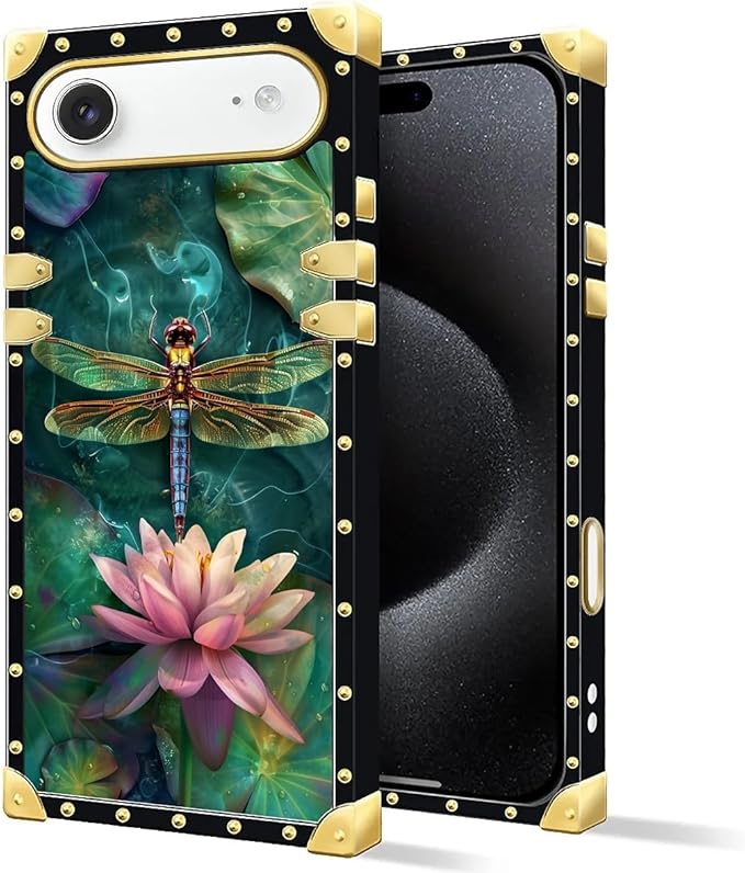 for iPhone 17 Air Case Luxury Golden Decoration for Girl Women Soft TPU Shockproof Protective Hard PC Back for iPhone 17 Air Crazy Pattern Colourful Dragonfly Pink Lily Pads