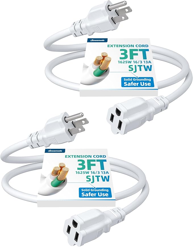 DEWENWILS 3 Foot Extension Cord, 16 AWG SJTW Weatherproof Power Cable for Indoor Use, 3 Prong Grounded Outlets Plugs, ETL Listed, White, 2 Pack