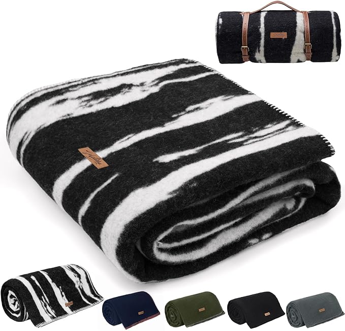 Molithe 100% Wool Blanket, 48" x 62", Warm, Thick, Washable, Military Wool Blanket, Great for Camping, Outdoors, Sporting Events, Survival Kits,Black White Striped