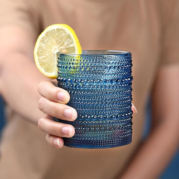 KMIGRUAN Hobnail Drinking Glasses Set of 6,12oz Blue Vintage Glassware,Cocktail Glasses,Embossed Glass Cups,Water Tumbler for Whiskey, Juice and Various Mixed Drinks