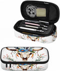 Cow Skull Pencil Holder Bag Bull Head Flowers Feathers Boho Style Pencil Case College Office School for Teens Boy Girl
