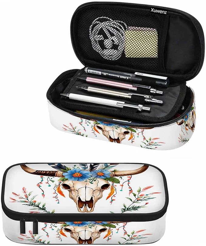 Cow Skull Pencil Holder Bag Bull Head Flowers Feathers Boho Style Pencil Case College Office School for Teens Boy Girl