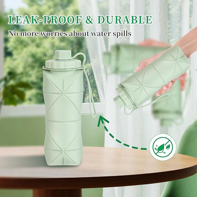 YCT Collapsible Silicone Travel Water Bottle 20oz (600ml), Reuseable Leakproof BPA Free Foldable Sports Bottle, with Carrying Strap, Pink + Green