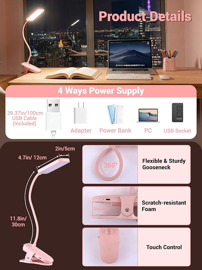 Pink Desk Lamp with Clamp Light,9 Brightness+5 Color Clip on Light,4000mAh Battery Rechargeable Desk Lamp Cute,48 LED Desk Light,Cordless Small Clip on Reading Light for Bed/Headboard/Bedside Table