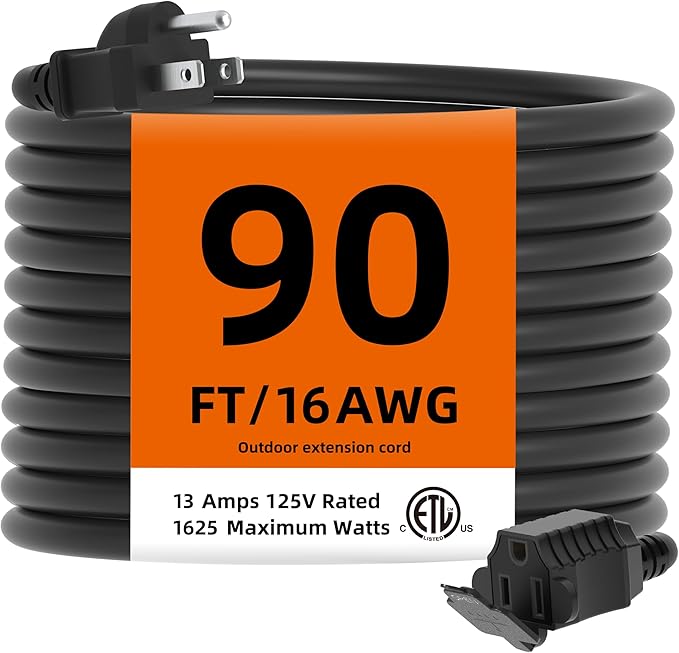 TiFFCOFiO Indoor Outdoor Extension Cord Waterproof, 90 Feet 3 Prong Power Cord for Home and Garden, 16 AWG, 13A/1625W, ETL Listed