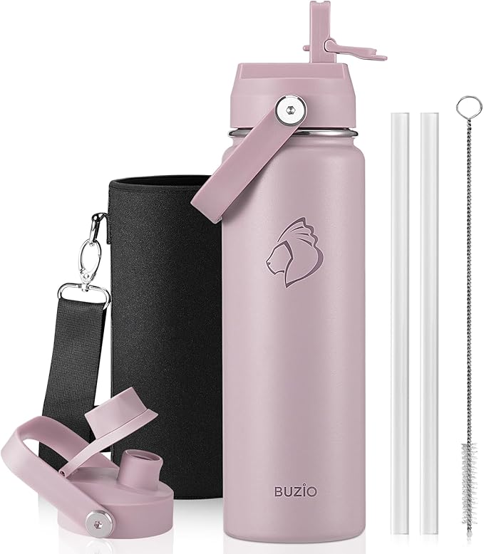 BUZIO 24 oz Water Bottle Insulated, Leakproof Stainless Steel Flask (Cold for 48 Hrs), Wide Mouth BPA-Free Metal Thermo Hydro Canteen with 2 Lids, Purple