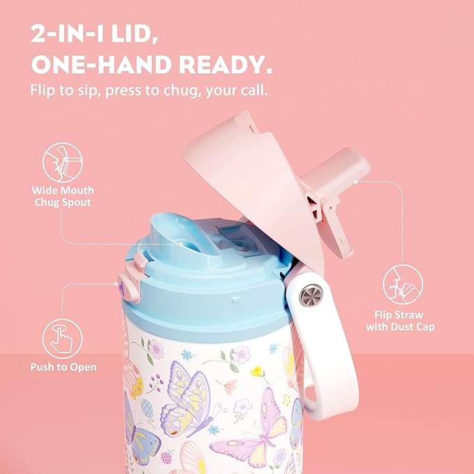 POWCAN 18 oz Insulated Water Bottle: 2-in-1 Push-Button Spout & Quick-Flip Straw Lid, Leakproof, Cold 24Hrs, Fits Car Cup Holder, Stainless Steel Bottle for Sports, Travel, School (Butterfly Garden)