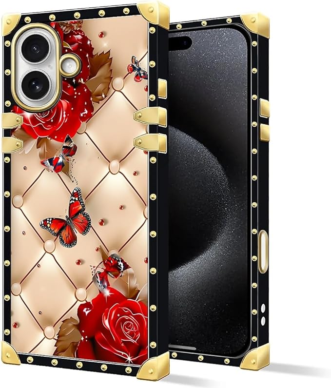 for iPhone 17 Case Luxury Golden Decoration for Girl Women Soft TPU Shockproof Protective Hard PC Back for iPhone 17 Crazy Pattern Shining Red Rose Butterfly Leather Background