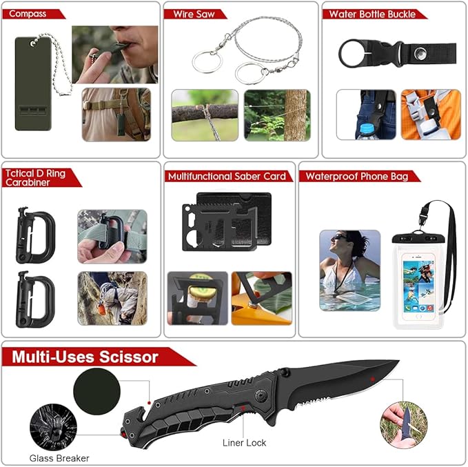 Survival Kit, 251 Pcs Survival Gear First Aid Kit with Molle System Compatible Bag and Emergency Tent, Emergency Kit for Earthquake, Outdoor Adventure, Hiking, Hunting, Gifts for Men Women
