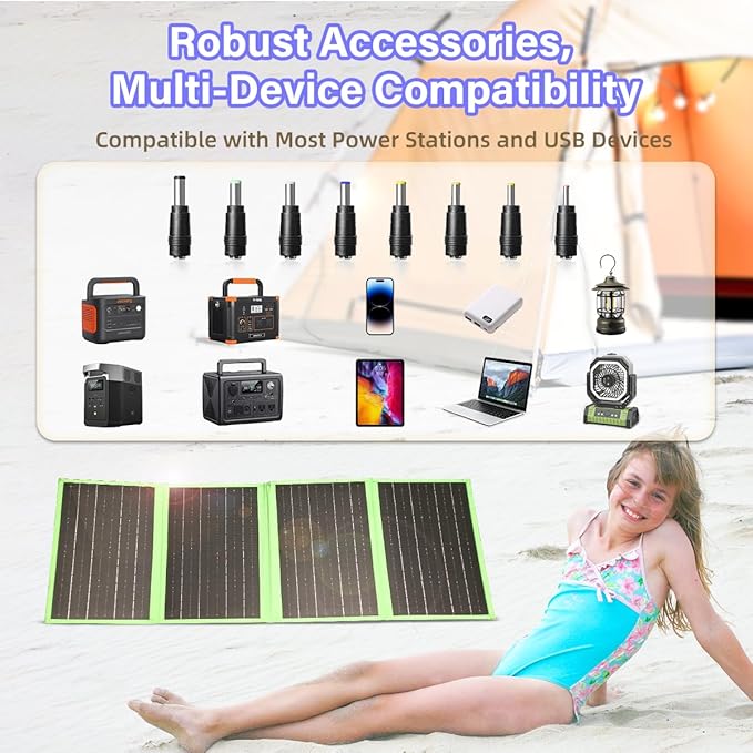 New Tech 60W Portable Solar Panel Charger with USB C, USB A and DC Ports, Outdoor IP67 Waterproof Flodable Solar Charger for Camping, Hiking, Backpacking, High Efficiency Fast Charging