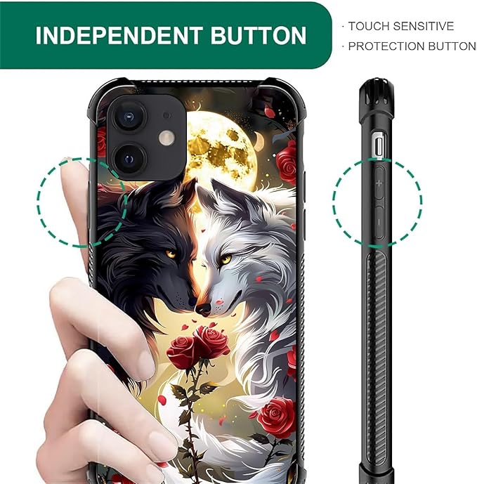 for iPhone 12/12 Pro Case, Black White Wolf Moon Flower Rose Pattern Graphic Design Girl Boy Soft Silicone Hard Acrylic Shock Protection for iPhone 12/12 Pro