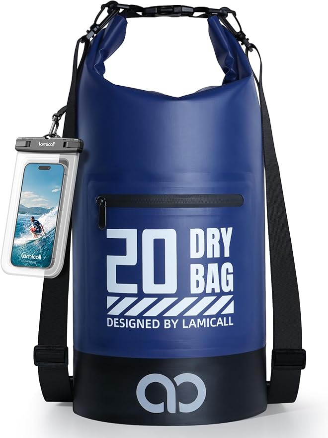 Lamicall Waterproof Dry Bag with Phone Pouch, Floating Roll Top Backpack, 20L, Blue