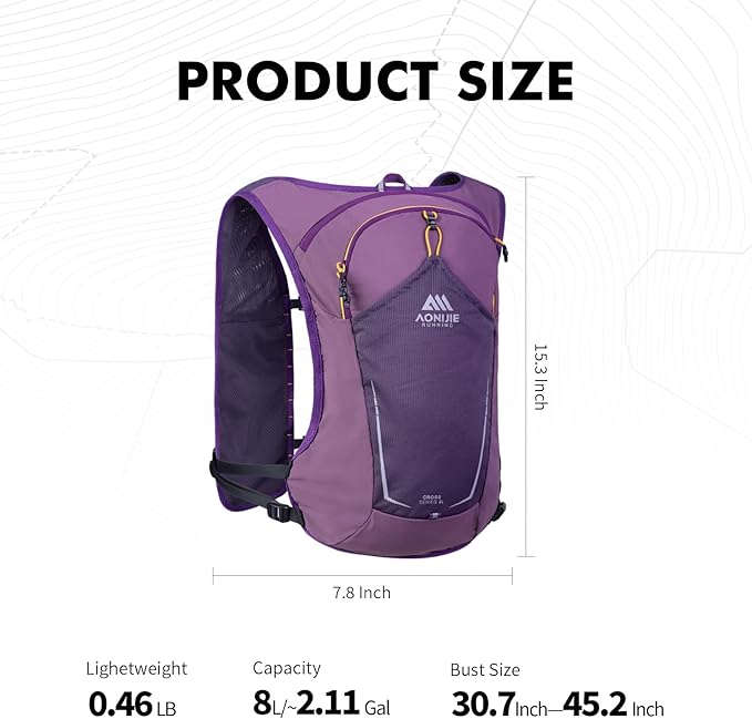AONIJIE Running Hydration Vest for Men & Women, 8L Hydration Backpack, Multiple Pocket Designs for Water Bottles/Bladders, Lightweight Breathable for Hiking, Climbing, Marathon & Cycling