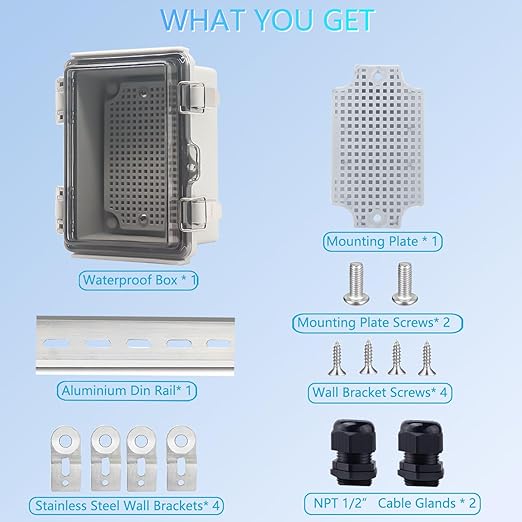 IP67 Waterproof Junction Box, ABS Plastic Electrical Enclosure with Stainless Steel Latch, Hinged Cover Electric Box with Mounting Plate, Wall Brackets & Cable Glands 150x100x70