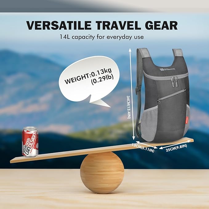 ZOMAKE Lightweight Packable Backpack,Foldable Backpacks Small Daypack for Hiking Water Resistant Day Bag for Travel(14L,Medium Grey)