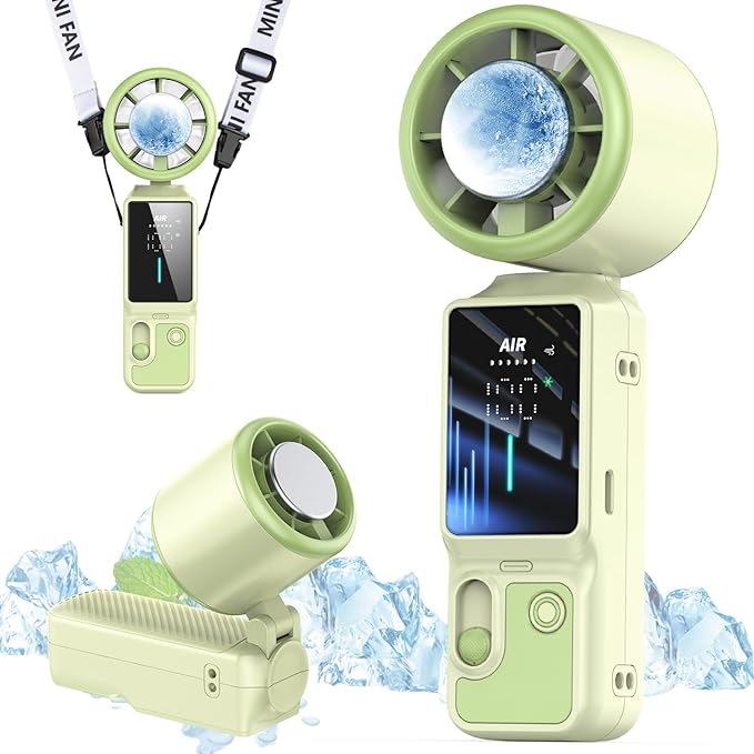 Foluu 3-in-1 Portable Cooling Fan with Active Cooling Technology, 16,000 RPM, 100-Speed Touch Control & LED Display, Type-C Fast Charge, Neck Strap & Stand – for Travel, Office, Outdoor (Green)
