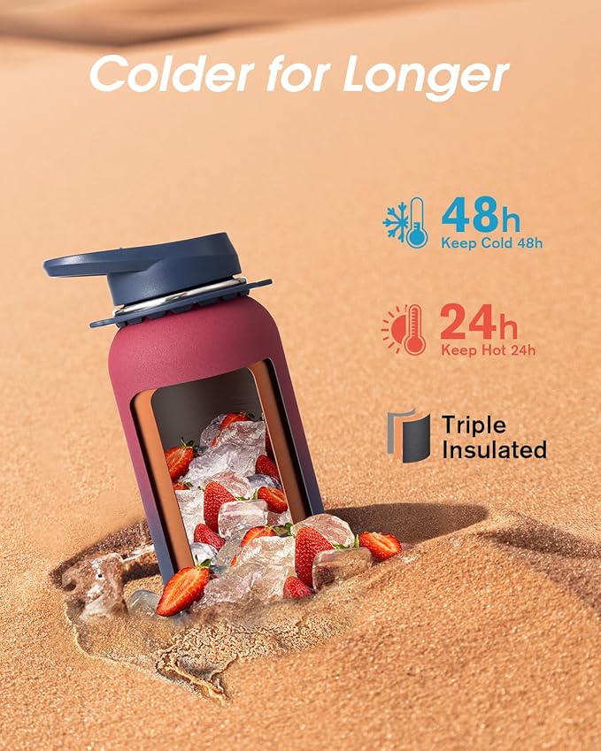 Coolflask Water Bottle with Straw, 32 oz Insulated Metal Water Flask with Straw & Spout Lids, Stainless Steel Double Wall Vacuum, Keep Cold 48h Hot 24h, Leak Proof, BPA-Free, Wine/Navy
