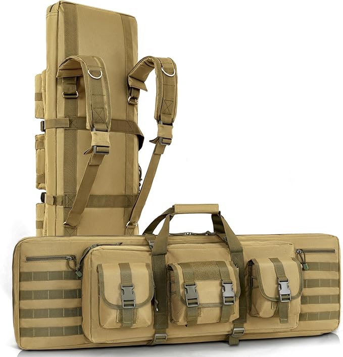 DULCE DOM 36 42 48 Inch Double Rifle Case, Tactical Soft Padded Backpack for Hunting & Shooting Range, Heavy-Duty Storage Gun Bag for 2 Rifles & Pistols with Lockable Zippers & MOLLE System