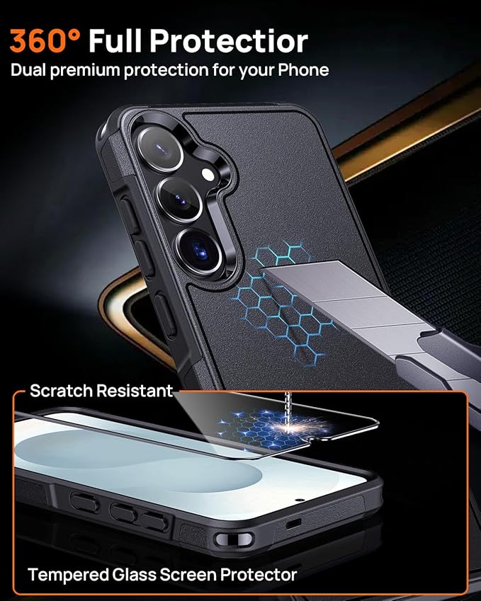 Lanhiem for Samsung Galaxy S25+ S24+ Plus Phone Case with Tempered Glass Screen Protector, Shock Absorption, Anti-Scratch Shockproof Case Cover for Samsung S25+ Plus S24 Plus, Black