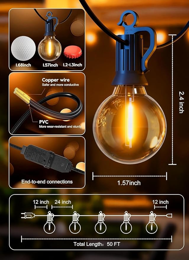 Brightown Outdoor String Lights, 55FT 25 G40 Bulbs Shatterproof IP65 Patio Lights, Hanging Connectable Waterproof Dimmable Globe LED Outdoor Lights for Backyard, Bistro,Deck, Balcony,Porch
